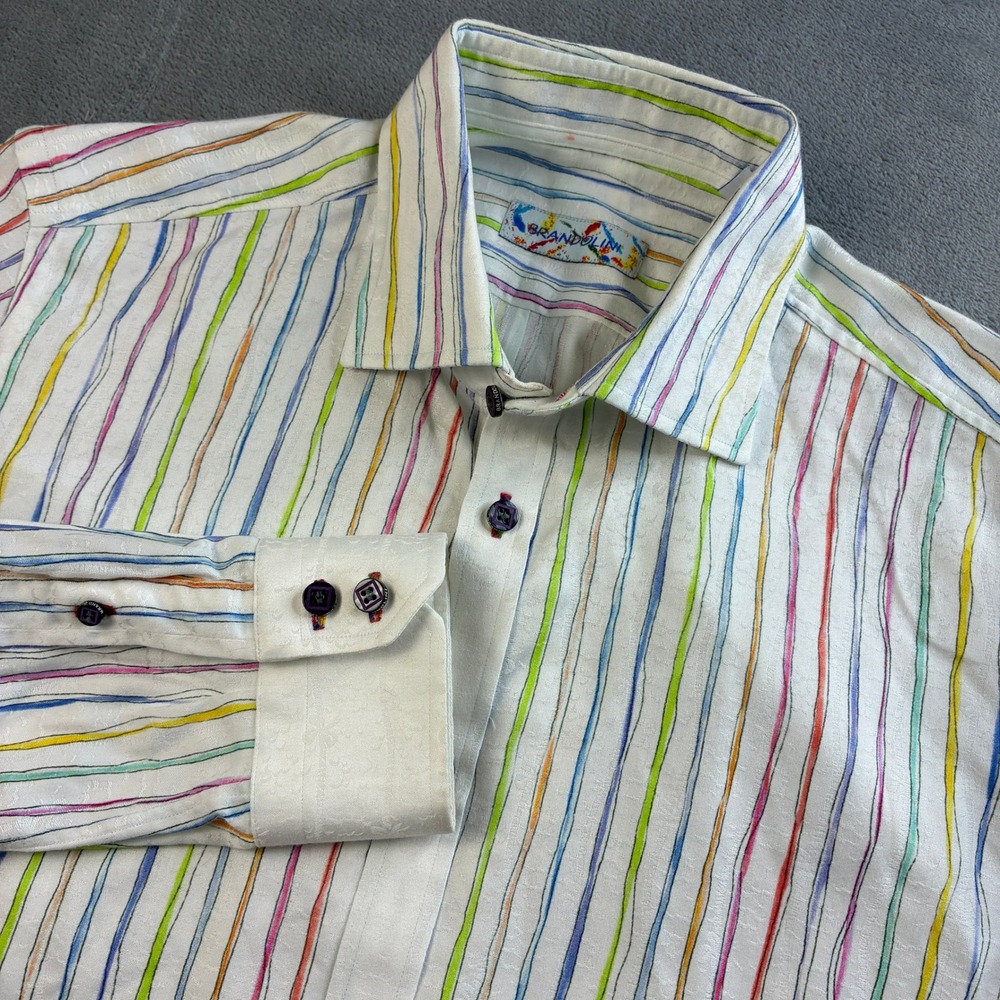 Brandolini Mens M Long Sleeve Button Down Shirt White Multi Color Stripe Cotton